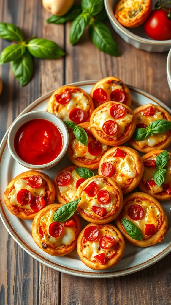 Quick and Easy Pizza Appetizers Golden brown pizza appetizers topped with cheese and pepperoni, served with marinara sauce and garnished with basil.